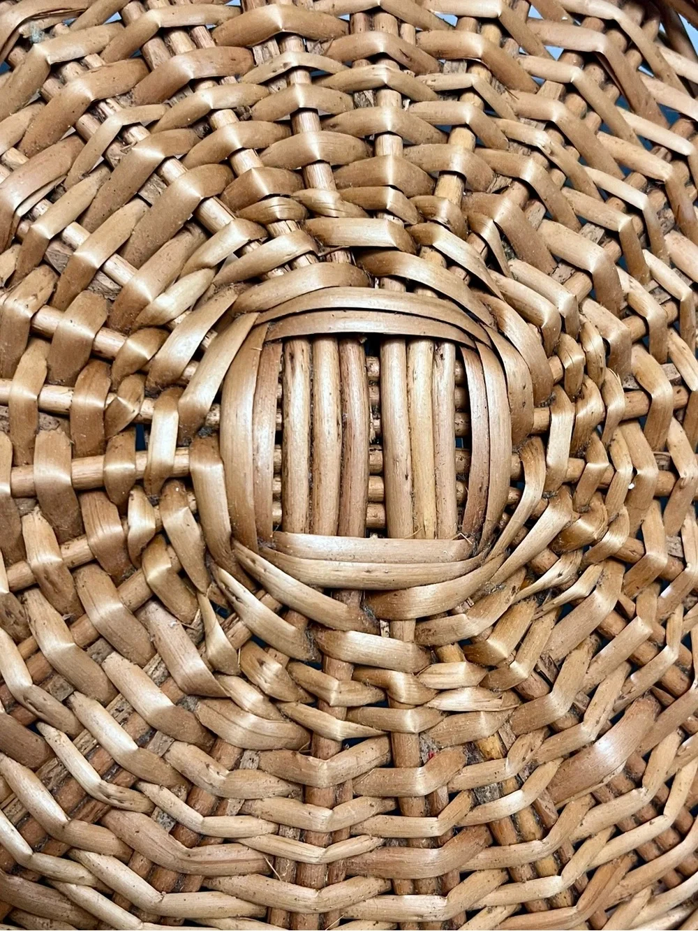 VTG Hand Woven Willow Sewing Basket Lidded Round Maroon Liner Remnants 12” Boho